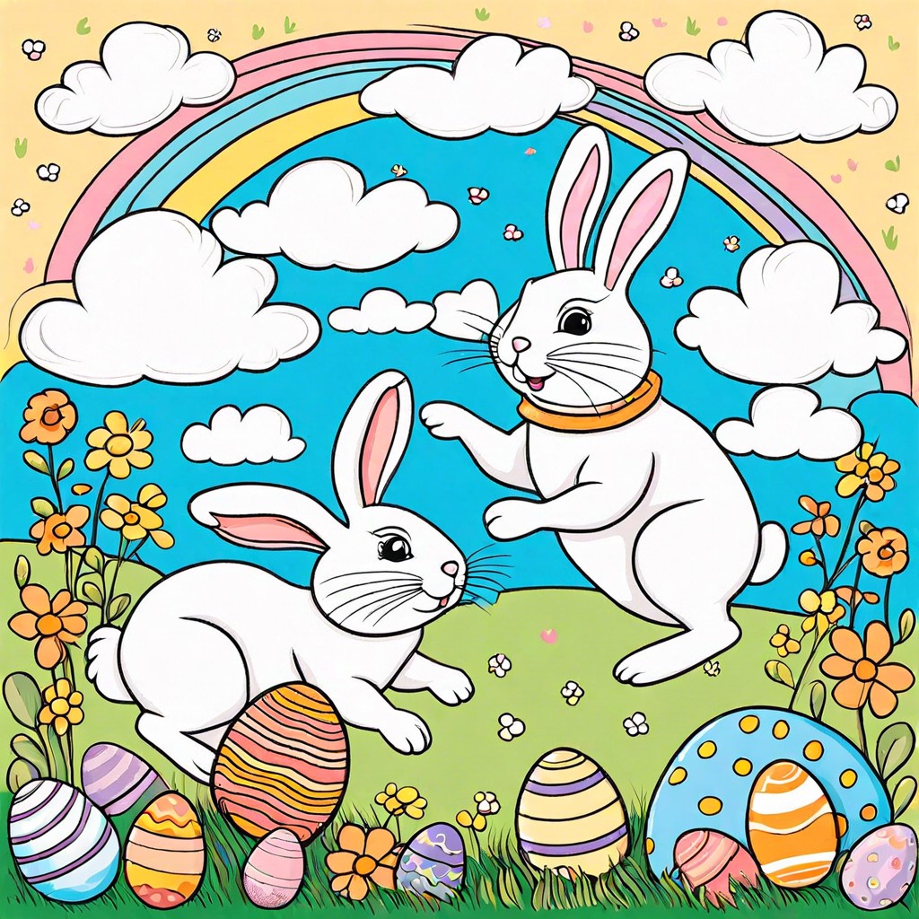 a fantasy scene with easter bunnies hopping on clouds