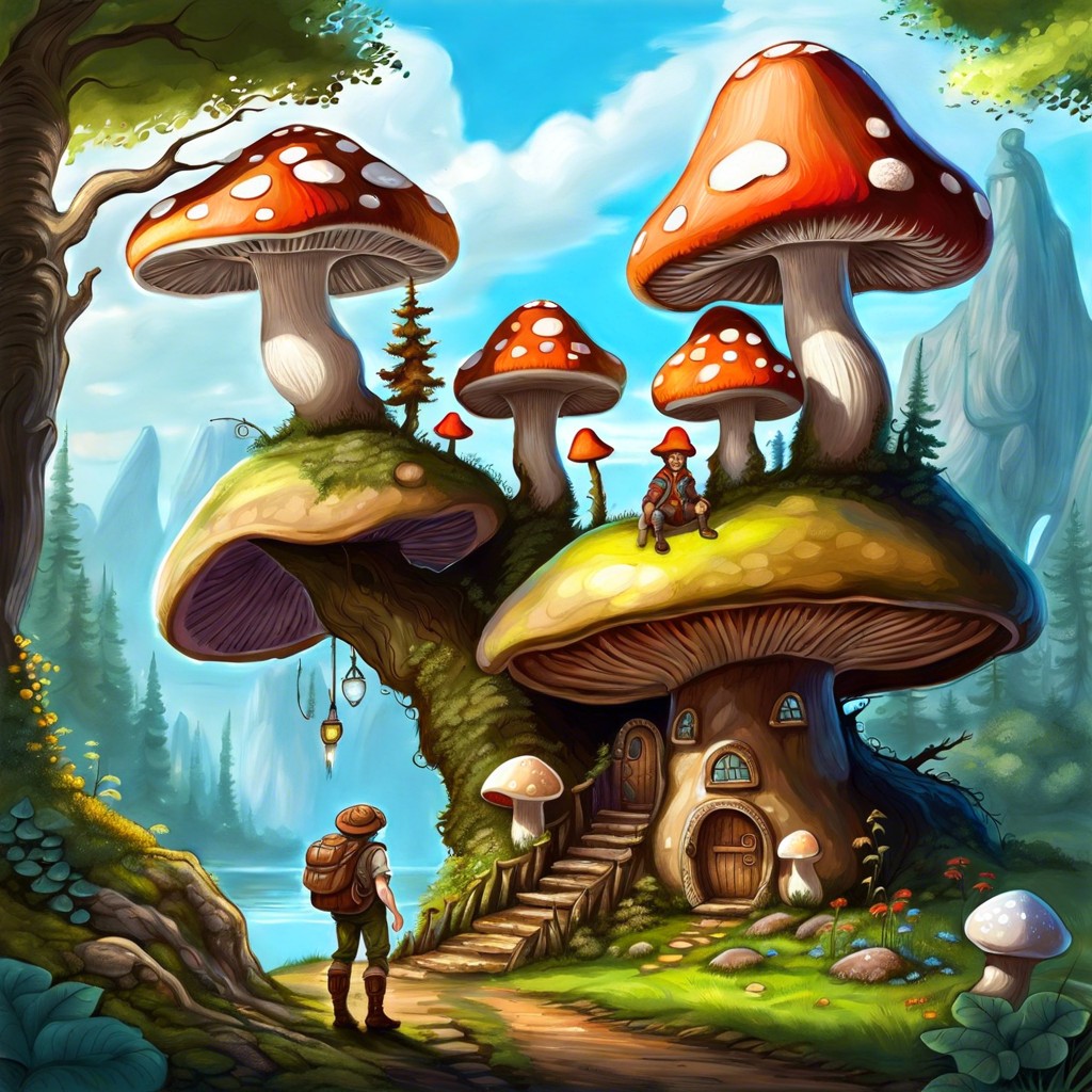a fantasy scene with oversized mushrooms and tiny human adventurers