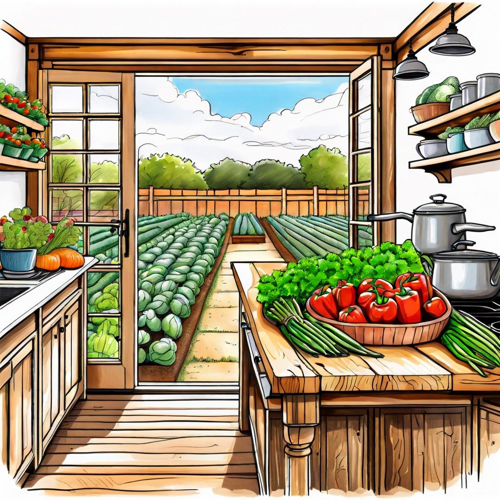 a farm to table scene with vegetable gardens and a farmhouse kitchen