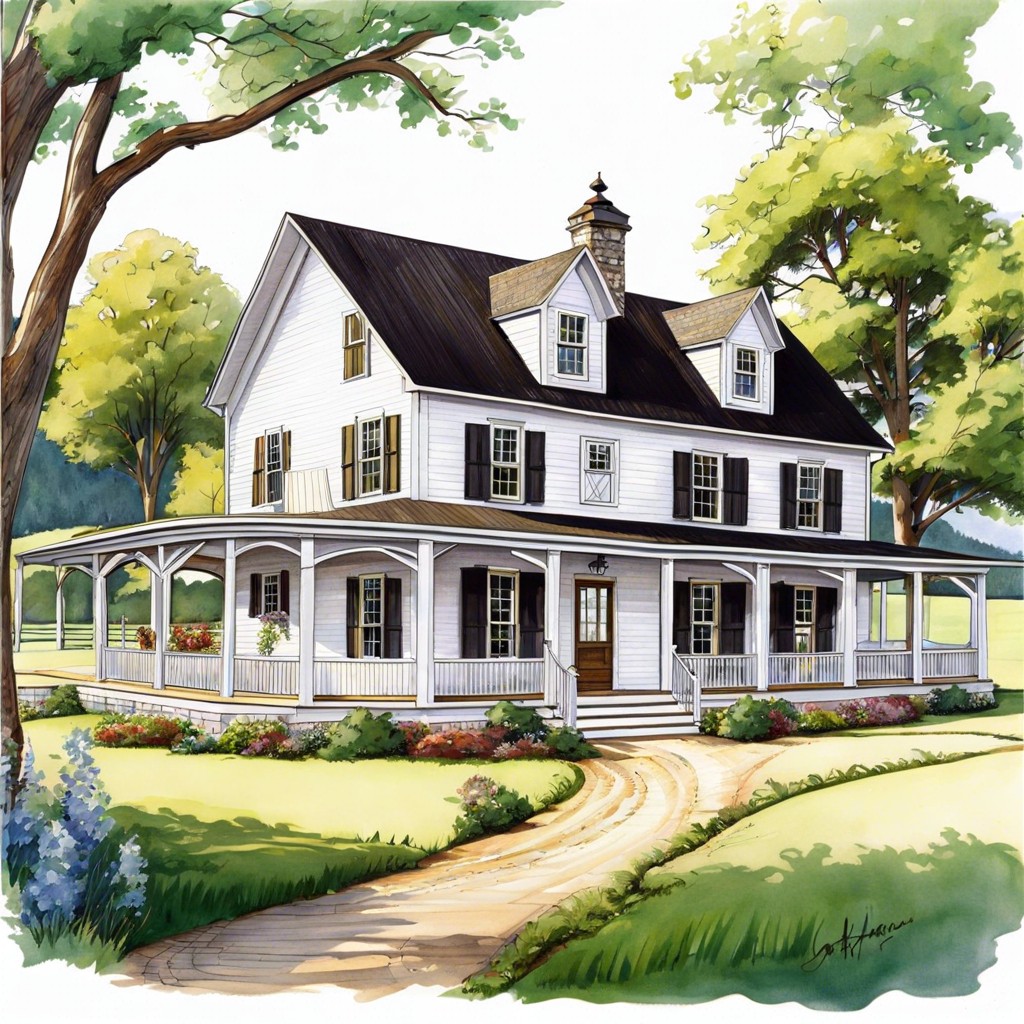 a farmhouse with a wraparound porch and a horse stable