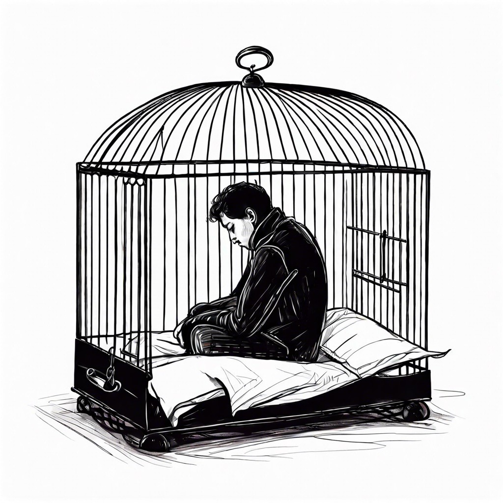 a figure curled up inside a birdcage