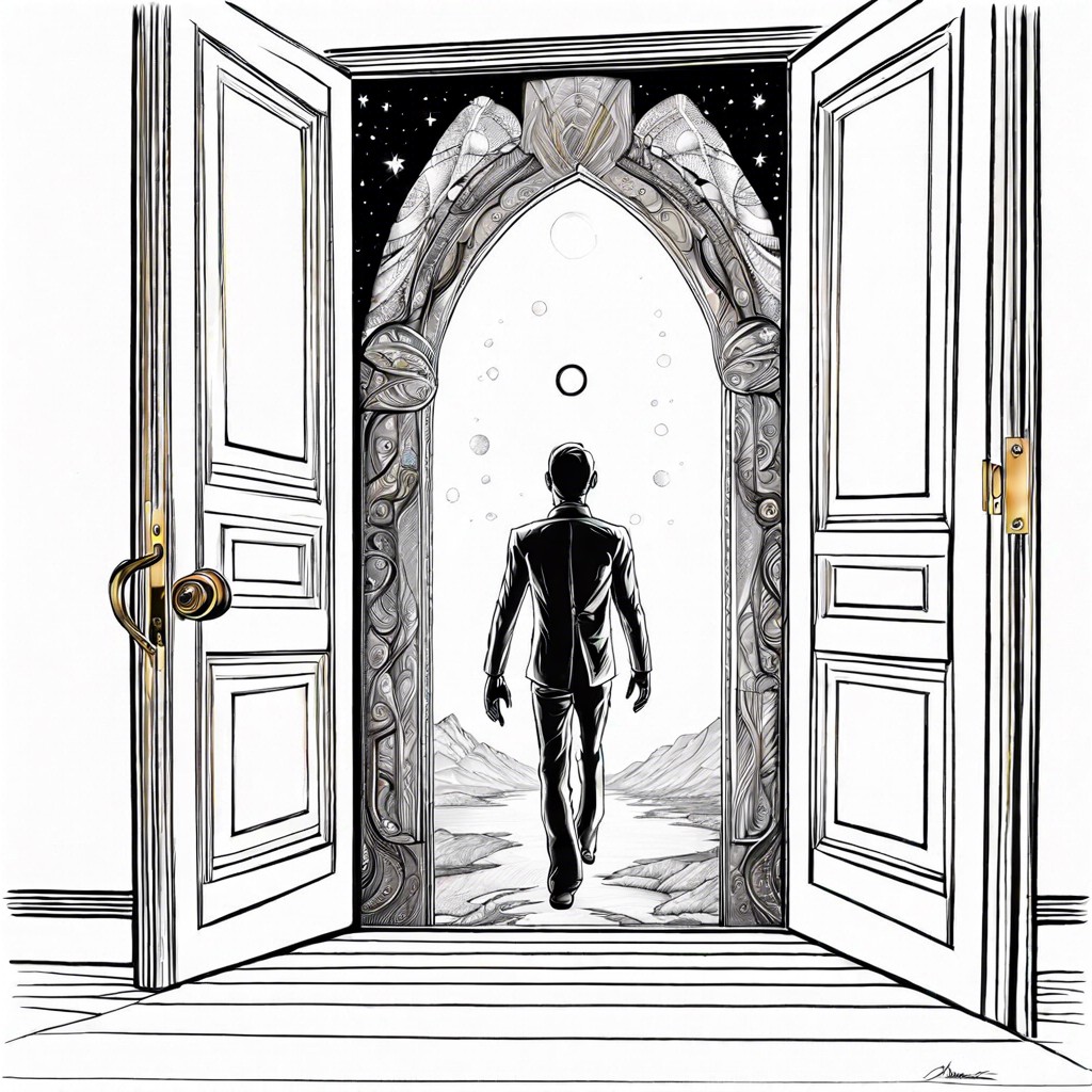 a figure walking through a door from a vivid dream into reality