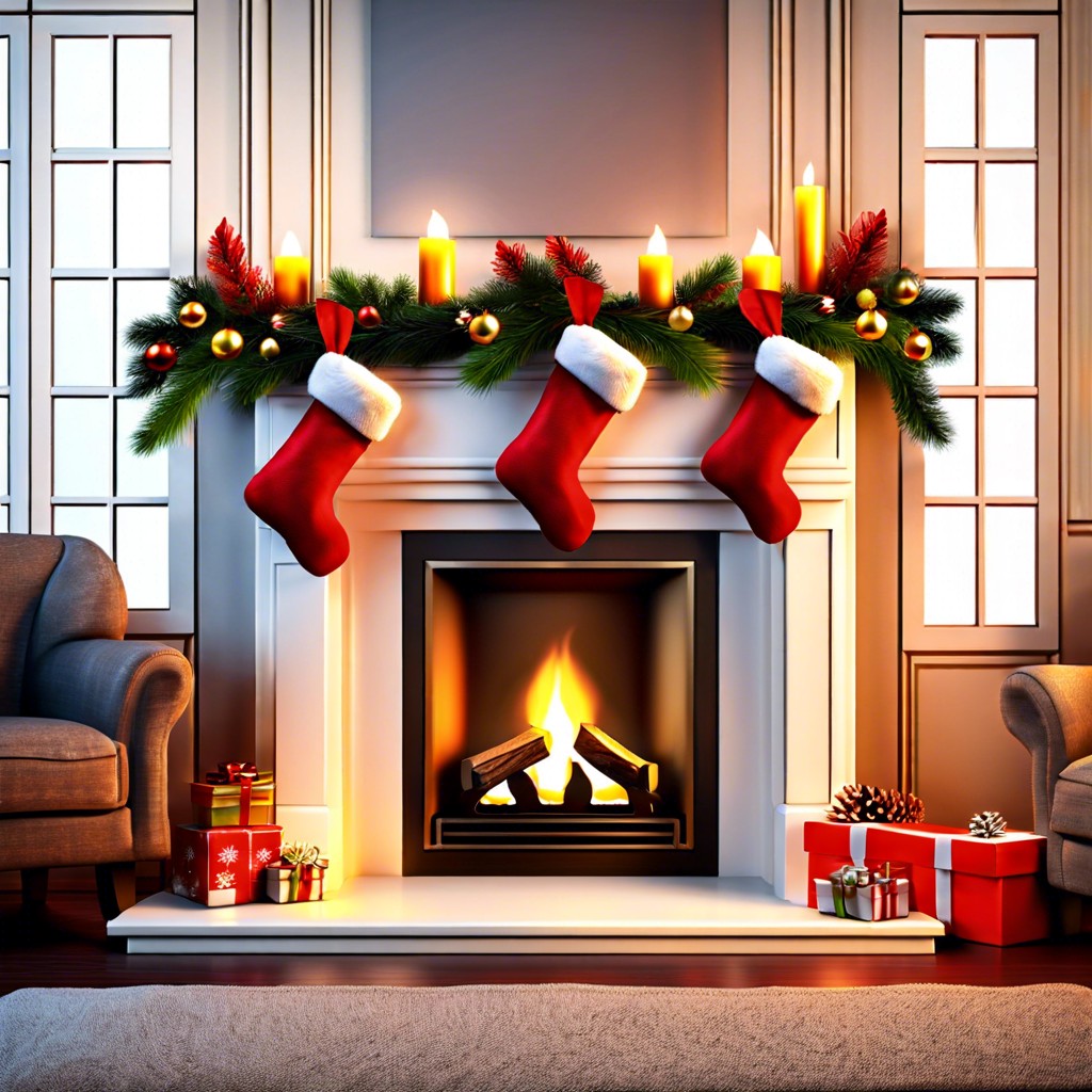 a fireplace with stockings and a cozy fire
