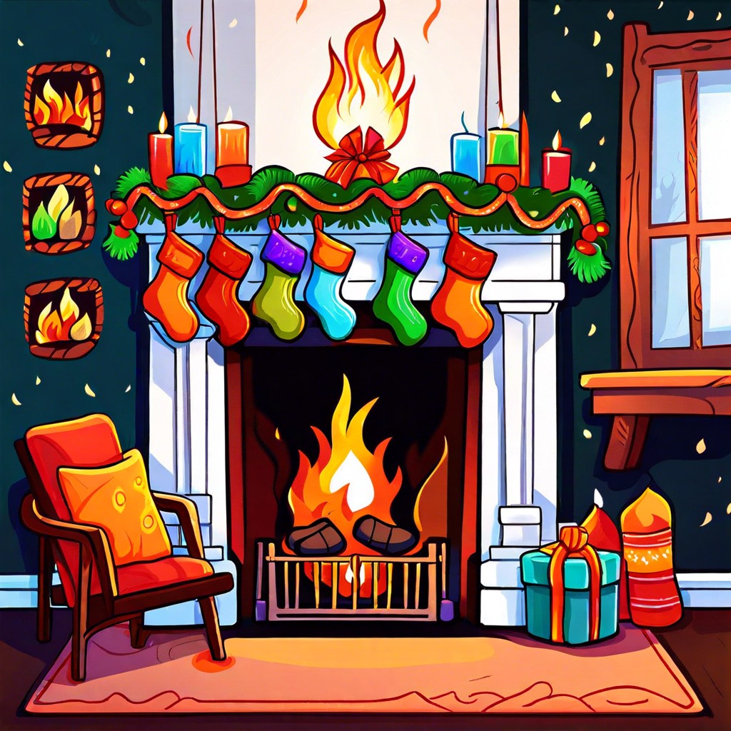 a fireplace with stockings and a crackling fire