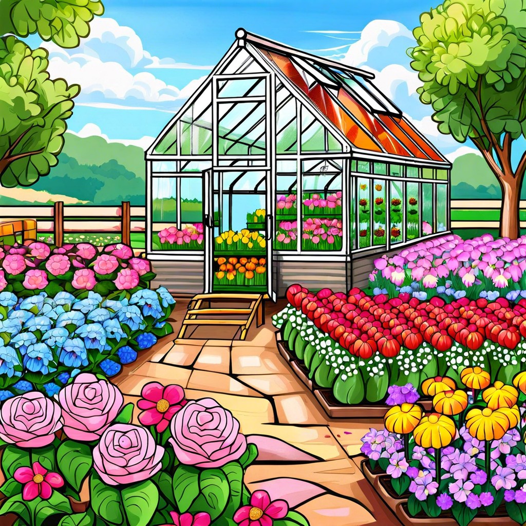 a flower farm with a greenhouse and a variety of blooms