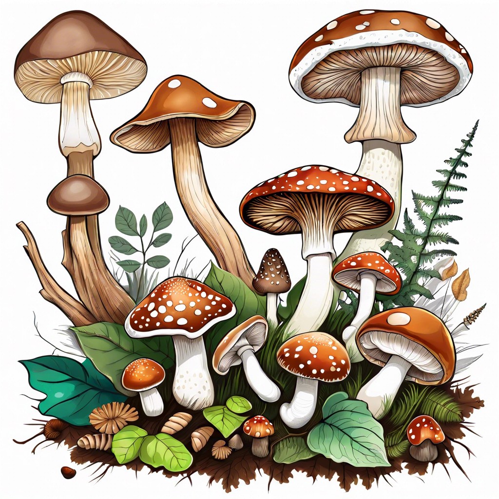 a forest floor scattered with various types of mushrooms including toadstools and shelf mushrooms