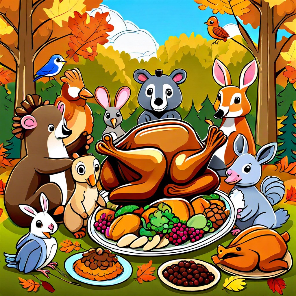 a forest scene with animals sharing a thanksgiving meal