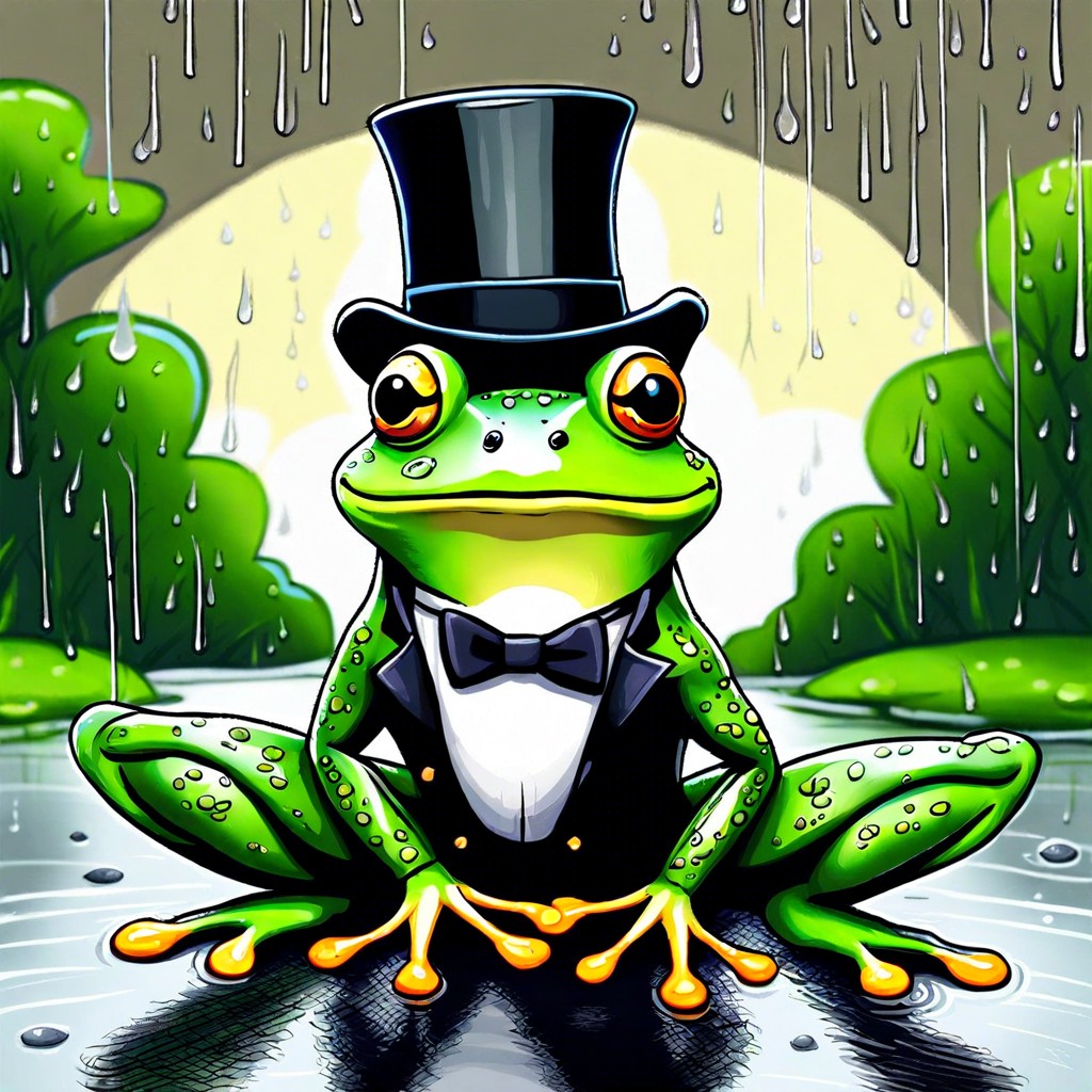 a frog in a top hat singing in the rain