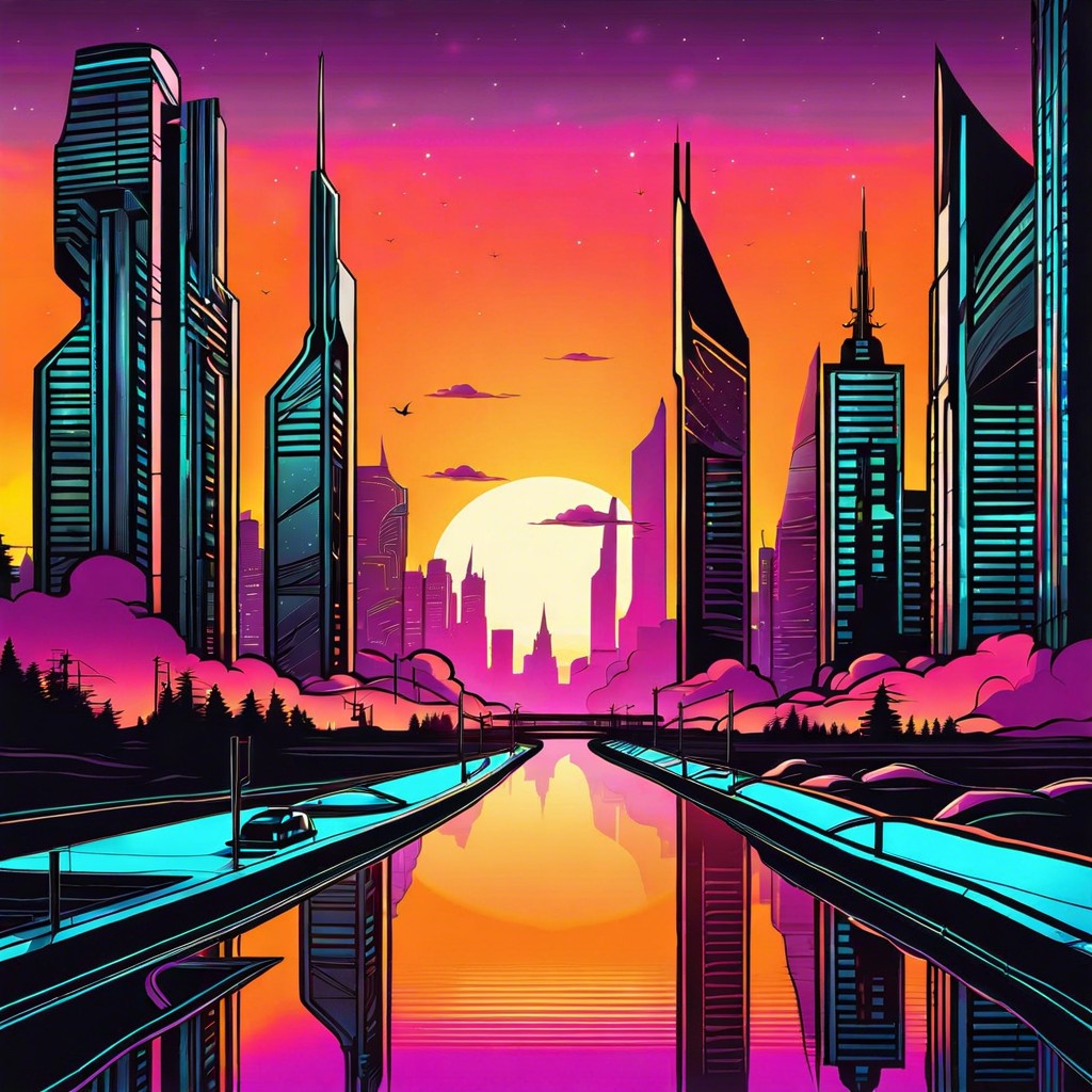 a futuristic cityscape at sunset