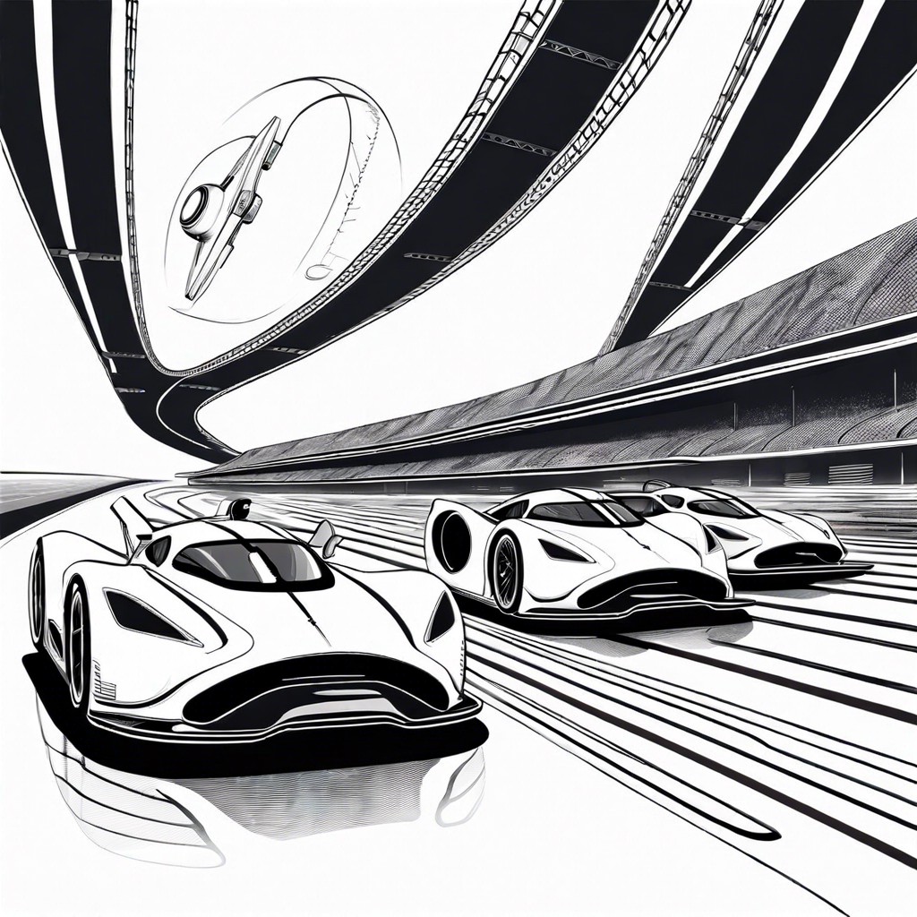 a futuristic racing event with levitating vehicles and dynamic tracks
