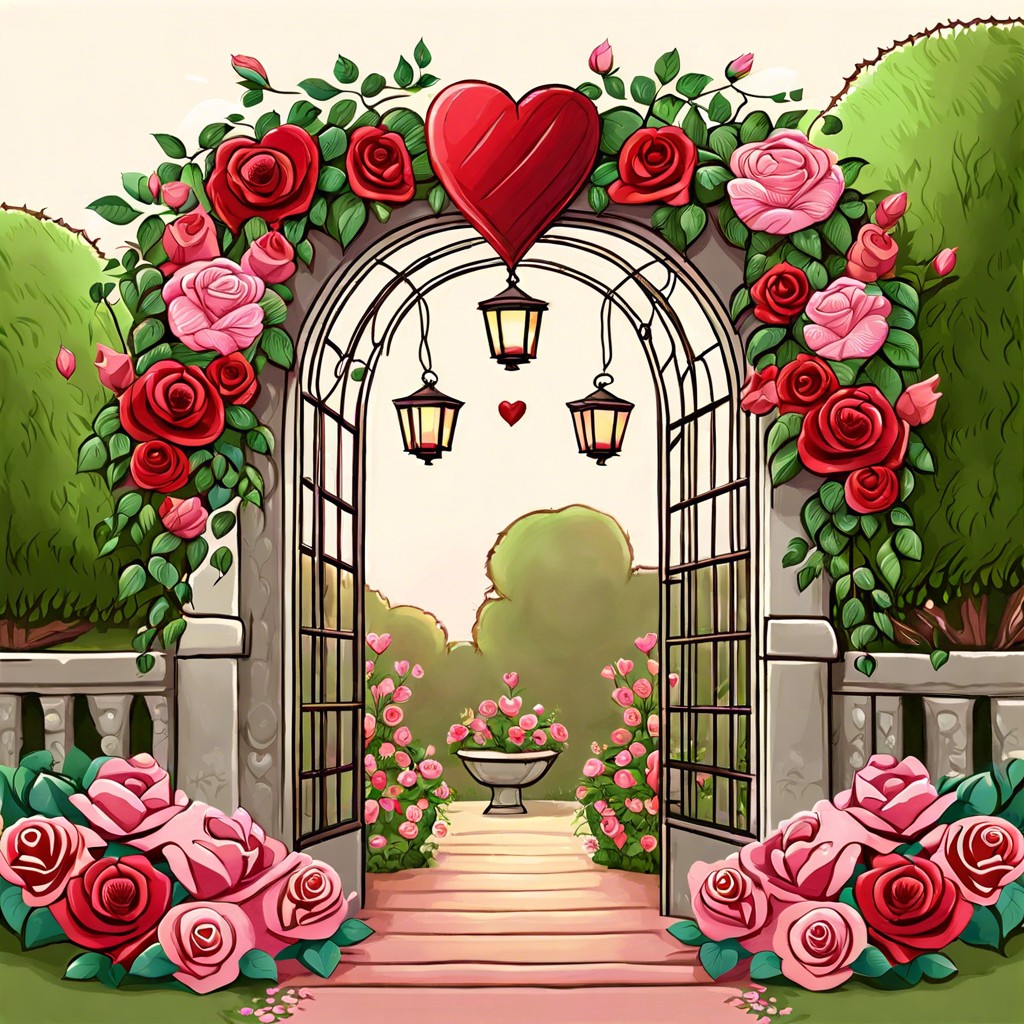 a garden archway entwined with roses and heart shaped lanterns hanging