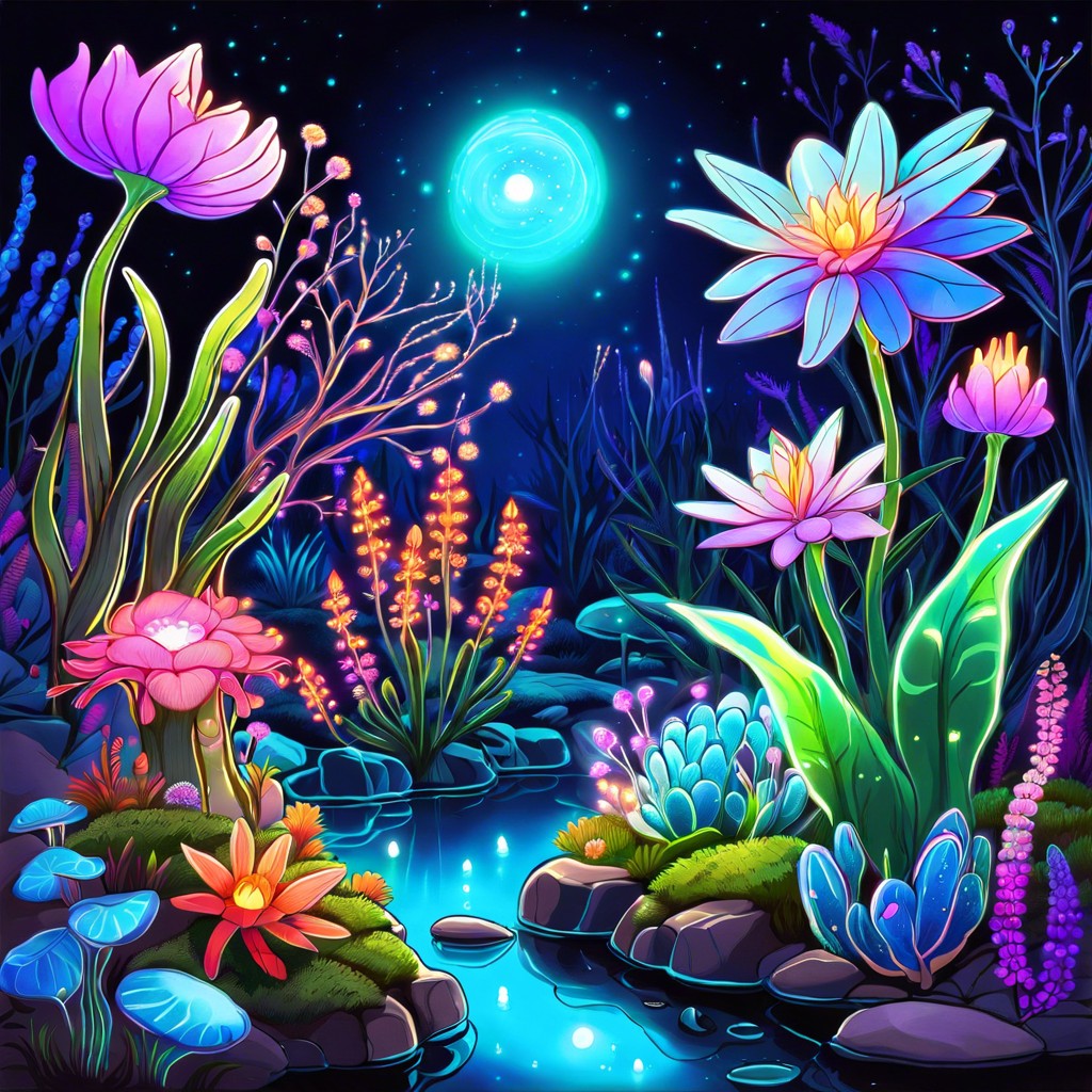 a garden of bioluminescent plants and flowers