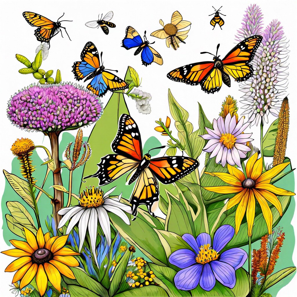 a garden of native plants with butterflies and bees