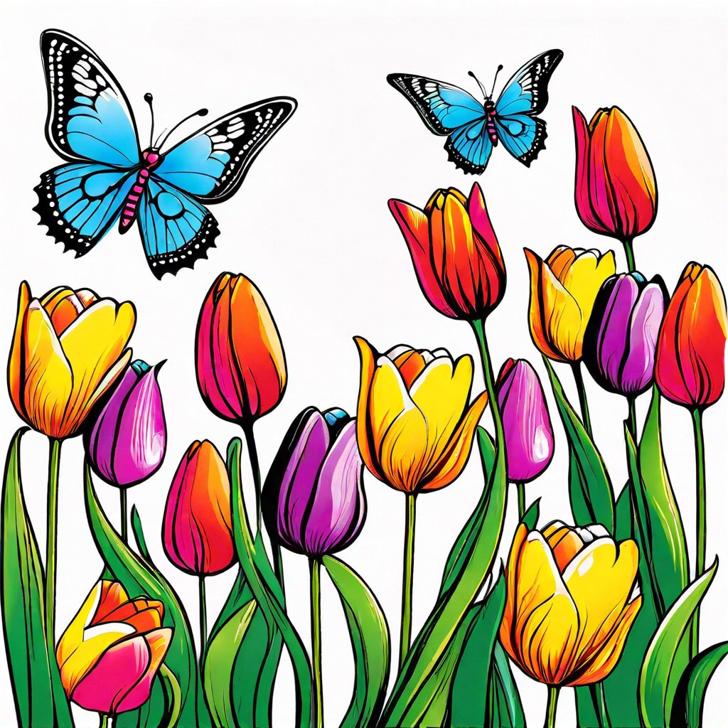 a garden of tulips with butterflies fluttering