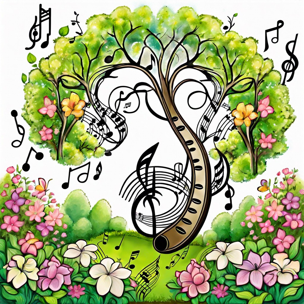 a garden where musical notes bloom on trees and picking them creates melodies