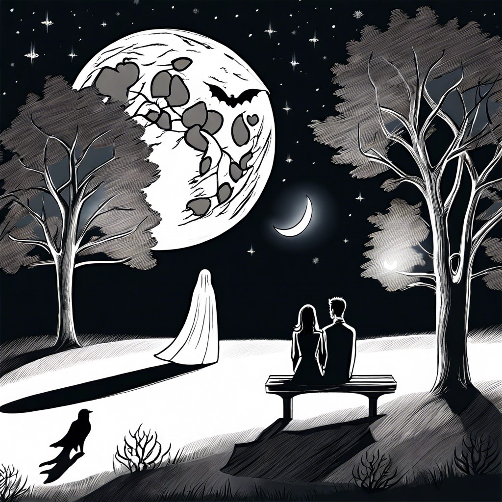 a ghost couple enjoying a romantic haunt in the park