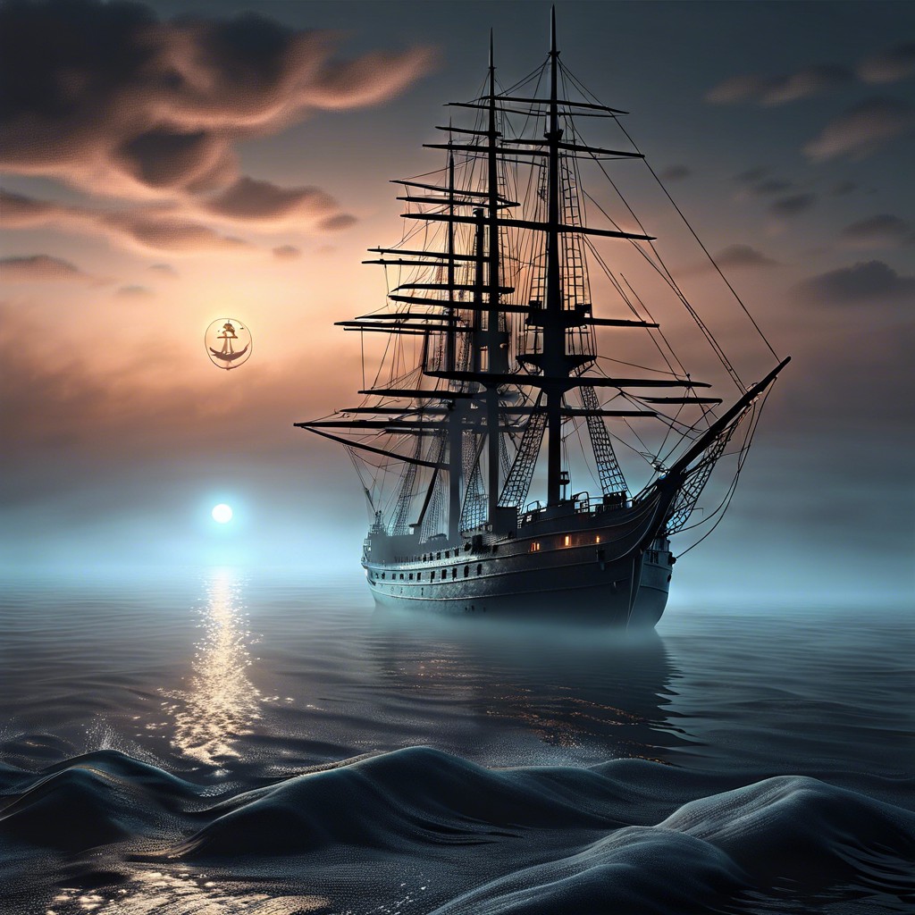 a ghost ship sailing on a sea of mist