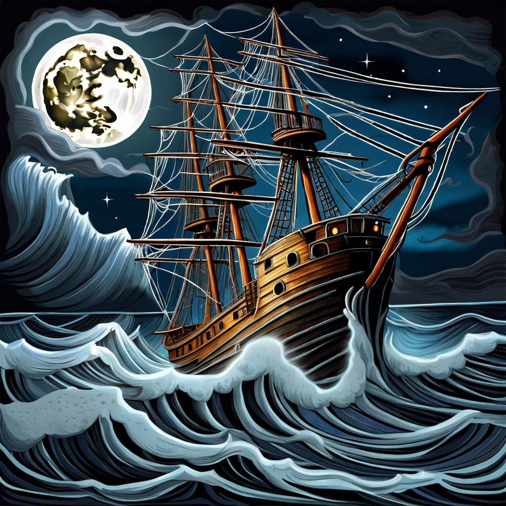 a ghost ship sailing on stormy seas under a full moon