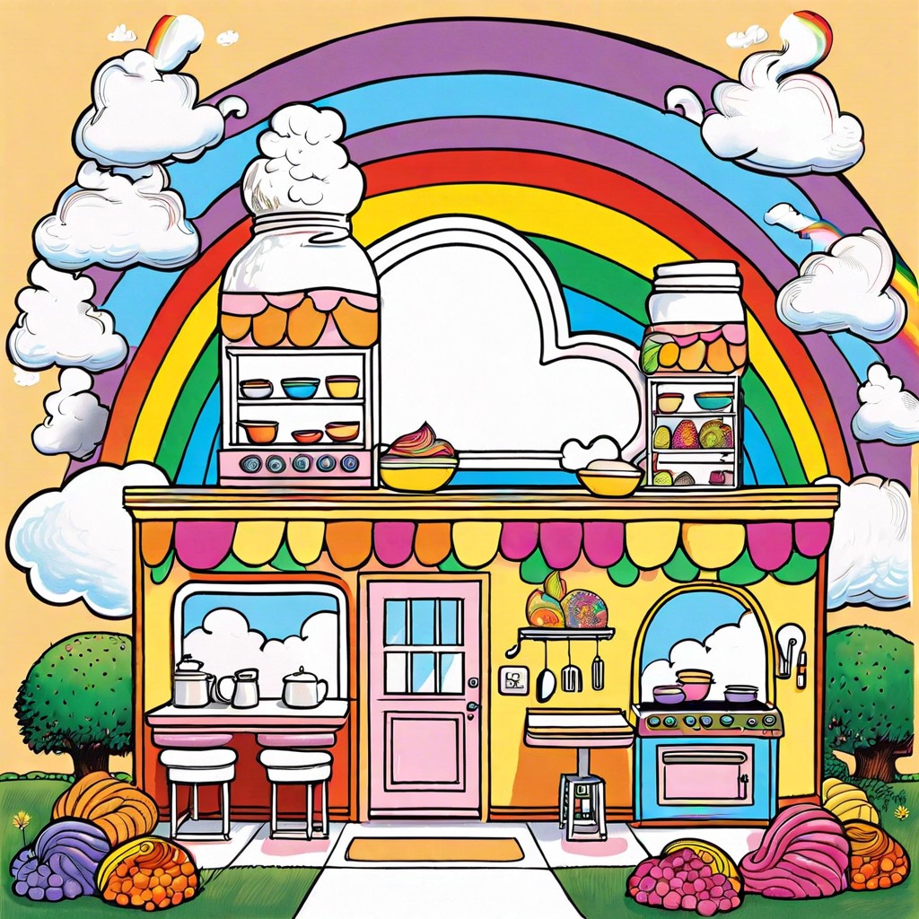 a giants kitchen where clouds are used as whipped cream and the rainbow as a flavor palette