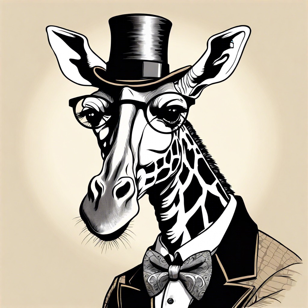 a giraffe wearing a bowtie and monocle