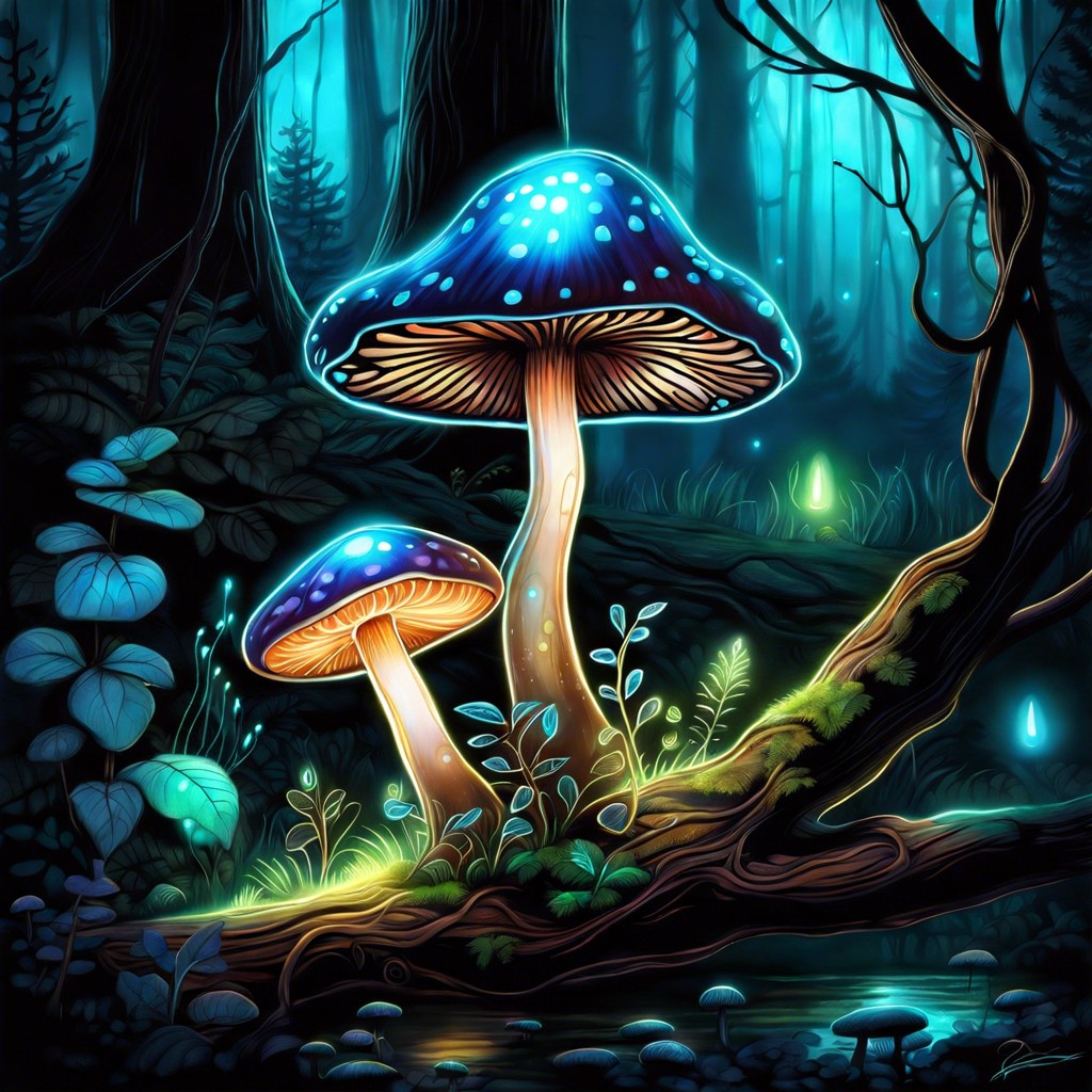 a glowing bioluminescent mushroom in a dark enchanted forest setting