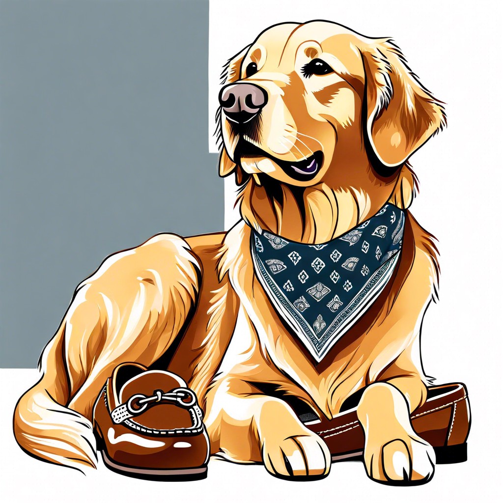 a golden retriever wearing a bandana sitting next to leather loafers