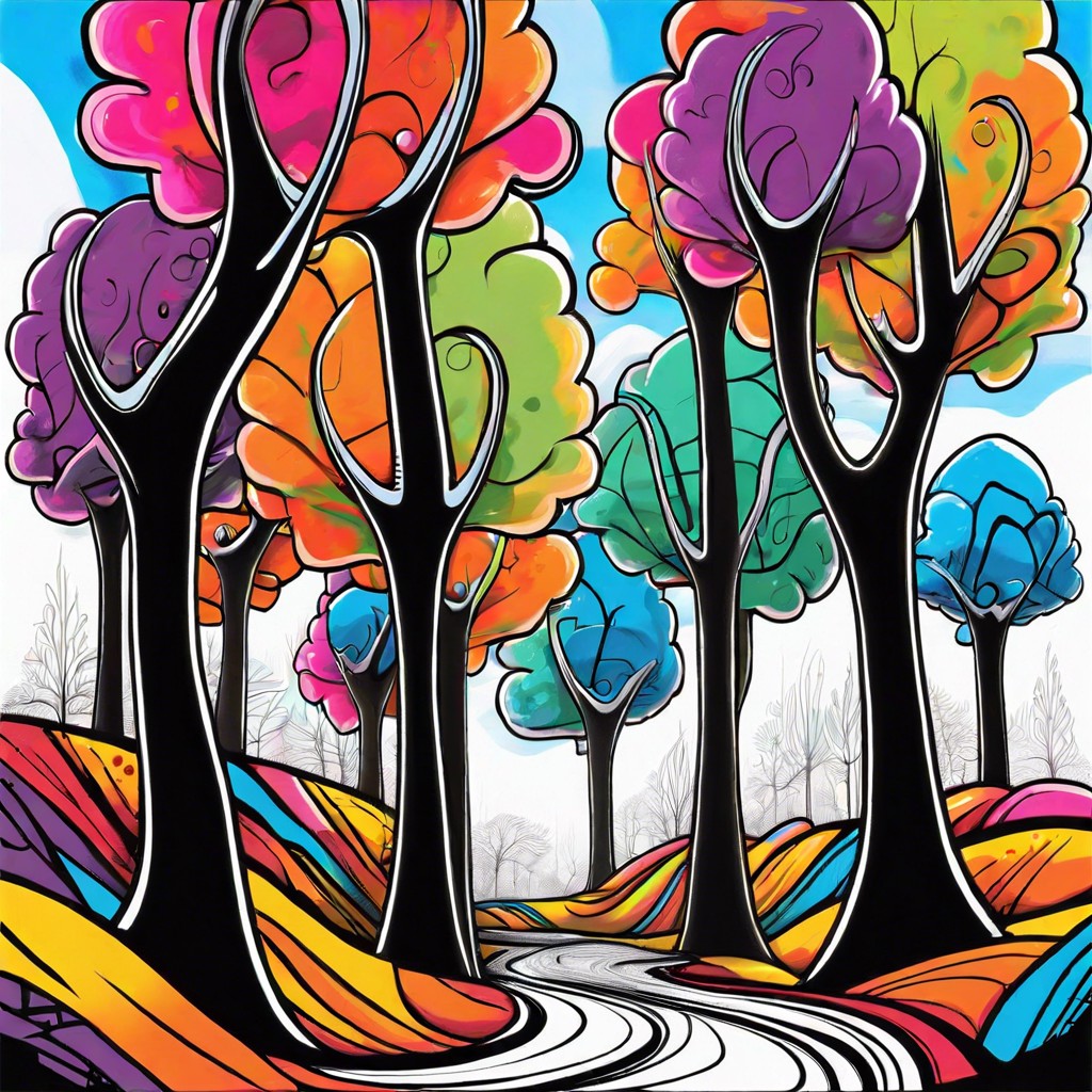 a graffiti forest with trees made of swirling vivid lines