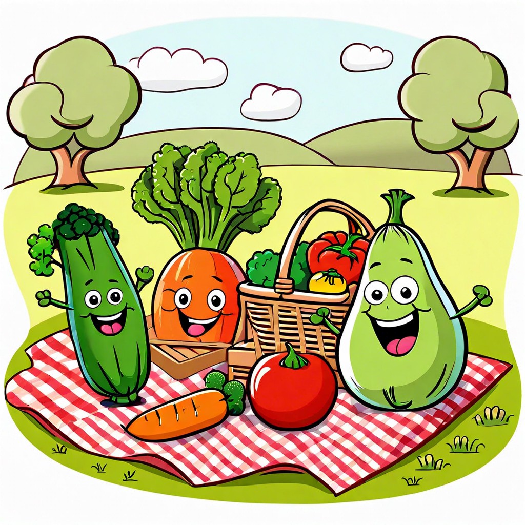 a group of vegetables having a picnic