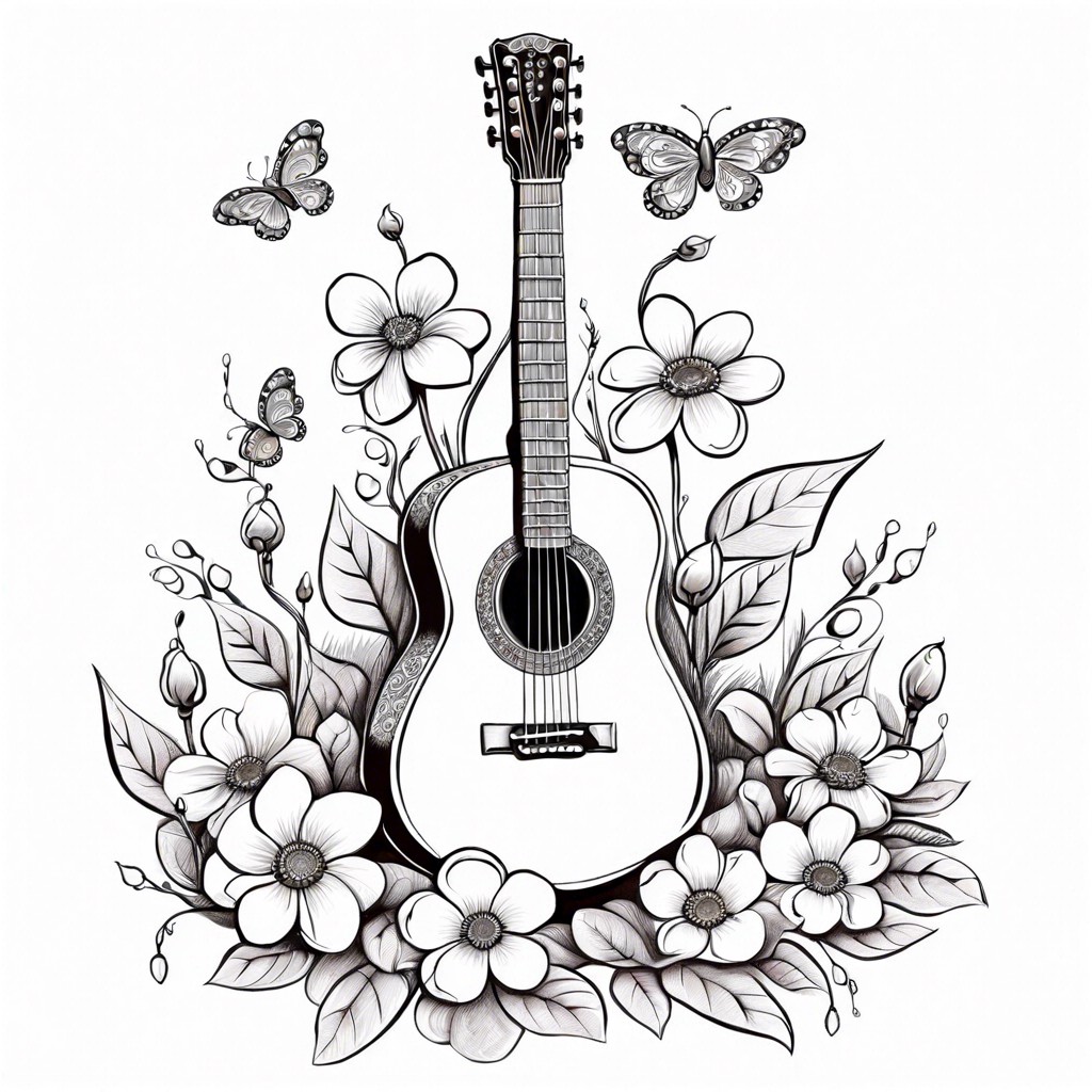 a guitar sprouting flowers where the strings should be