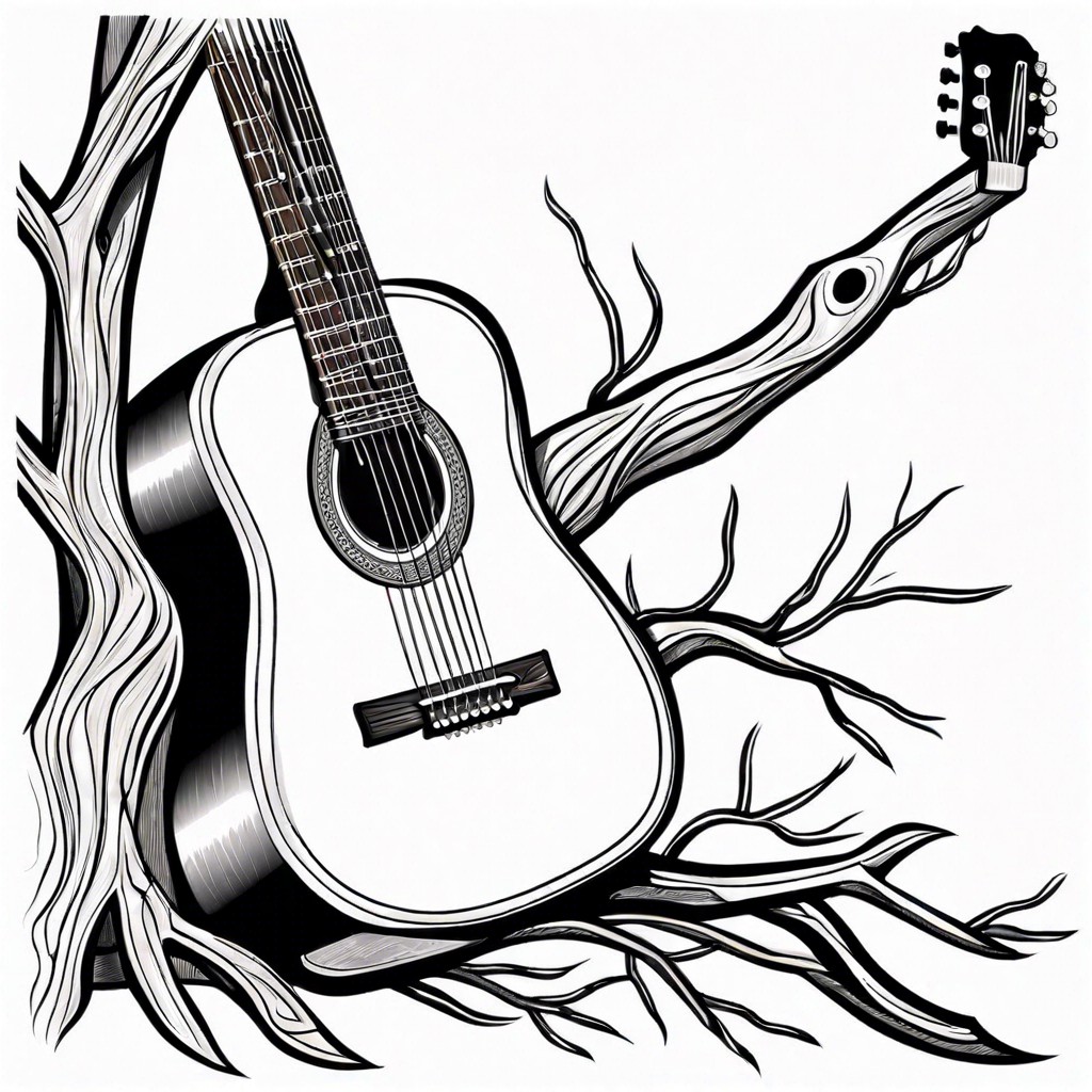 a guitar with tree branches as strings