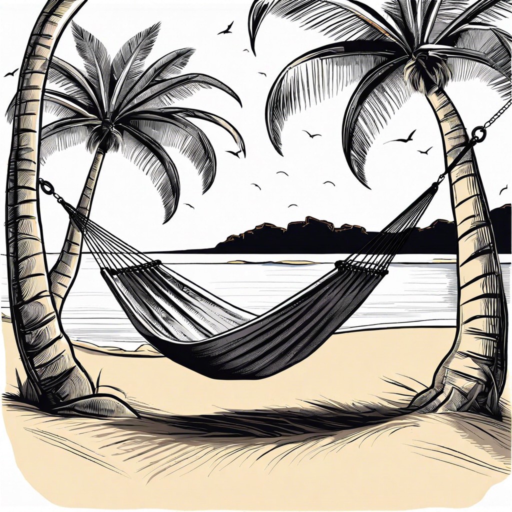 a hammock tied between two coconut trees