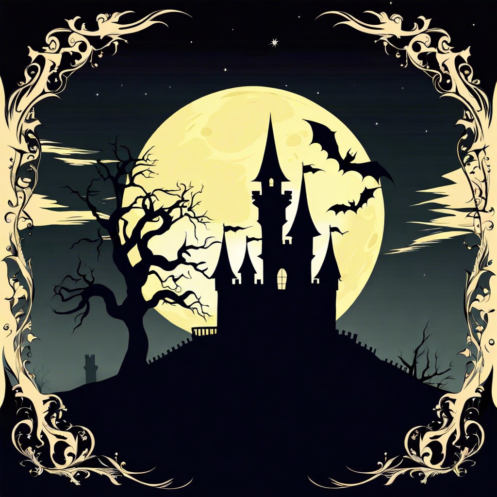 a haunted castle silhouette against a full moon with shadows lurking