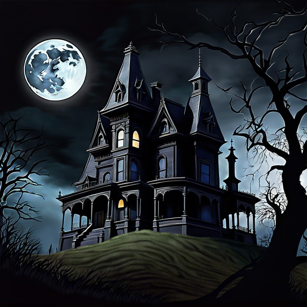 a haunted house on a hill with a full moon