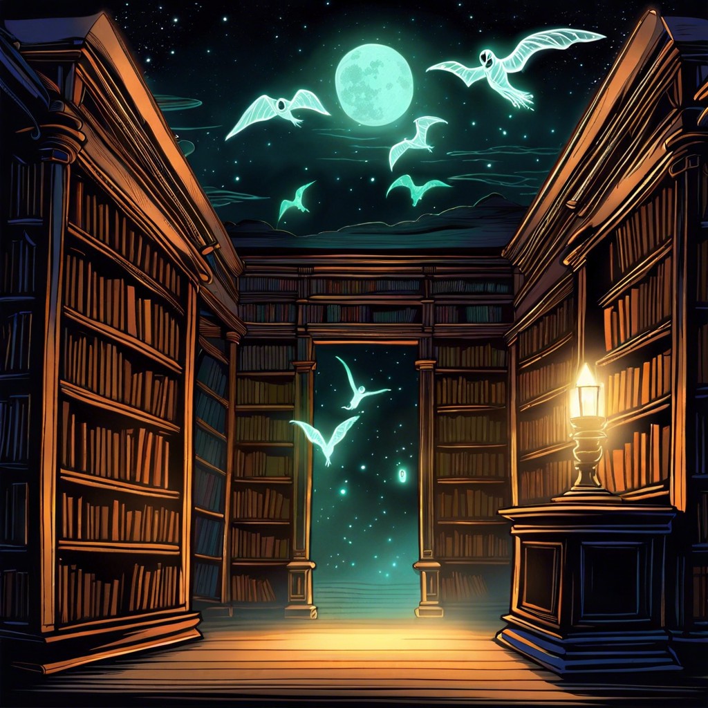 a haunted library with floating books
