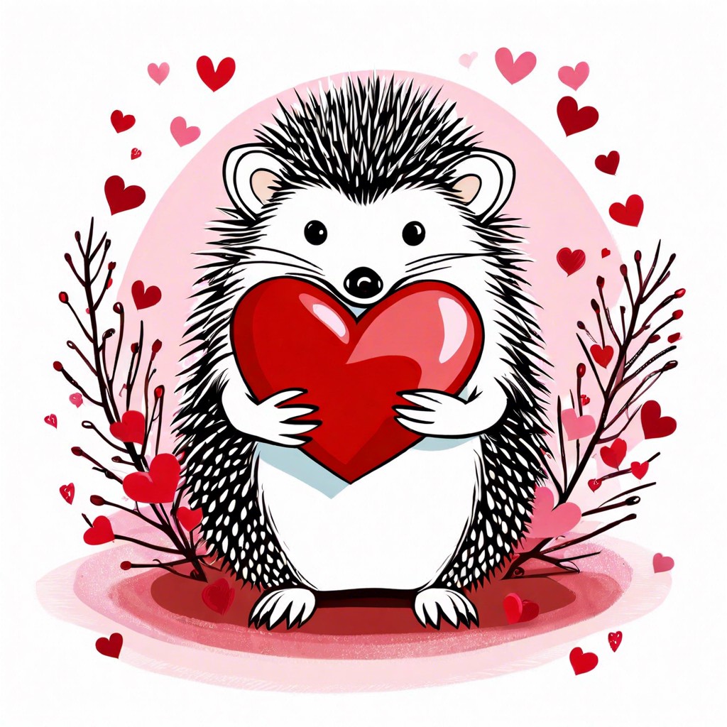 a hedgehog with heart shaped quills giving a valentines card
