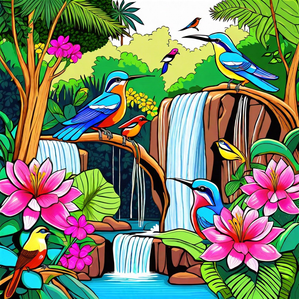 a hidden waterfall oasis filled with exotic birds and flowers