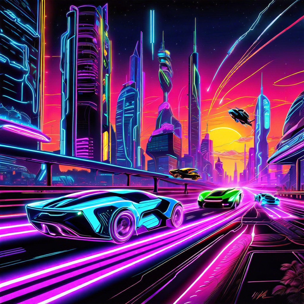 a high speed chase in a neon lit city