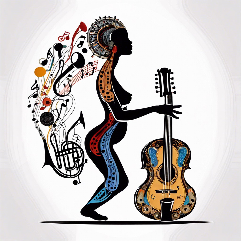 a human silhouette with musical instruments for body parts