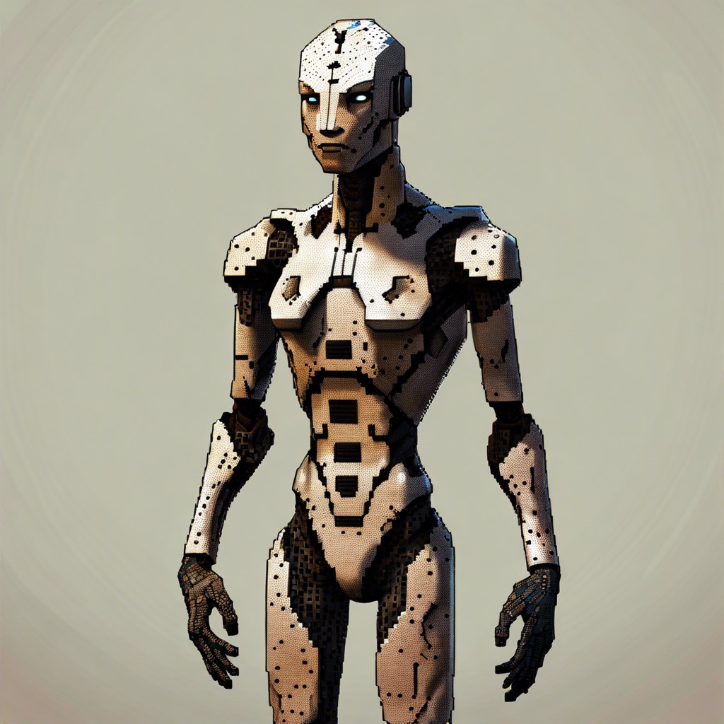 a humanoid figure with digital pixel skin