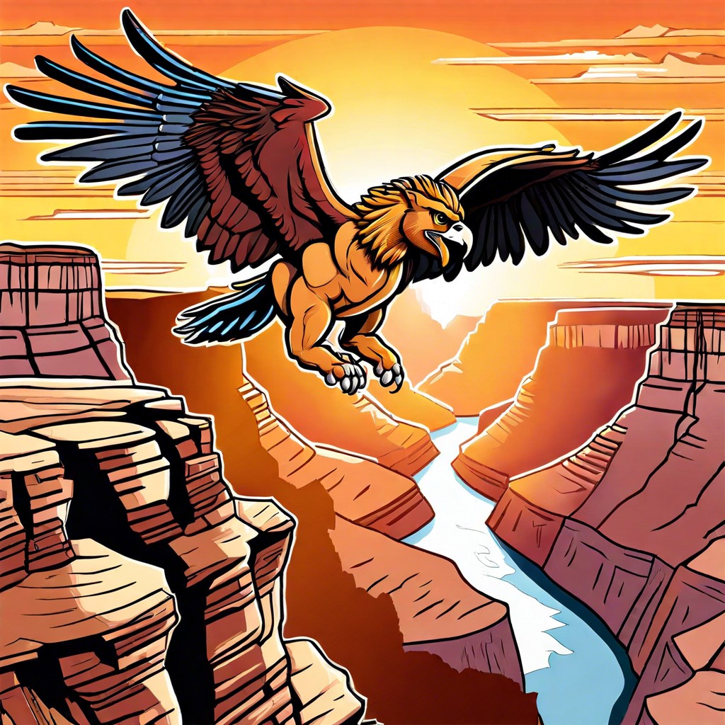 a hybrid creature part lion part eagle soaring above a grand canyon