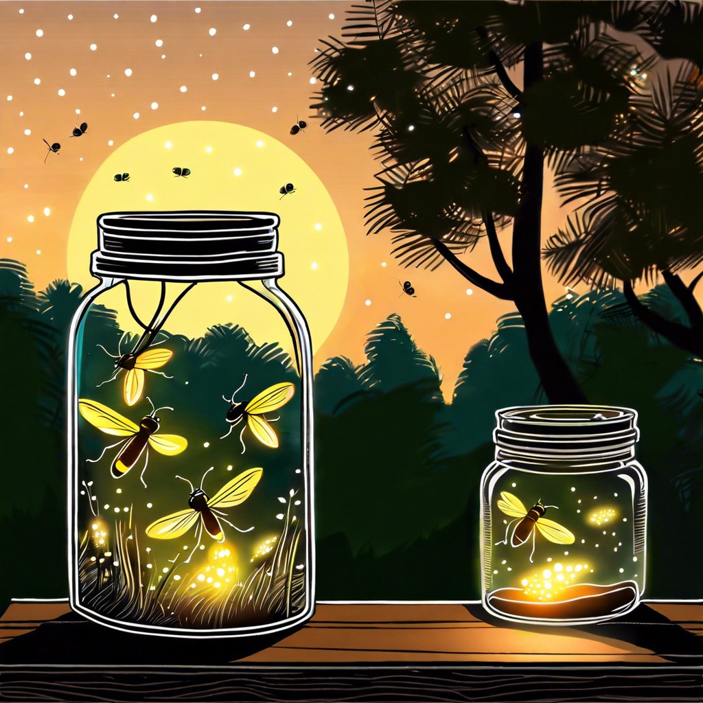 a jar of fireflies at dusk