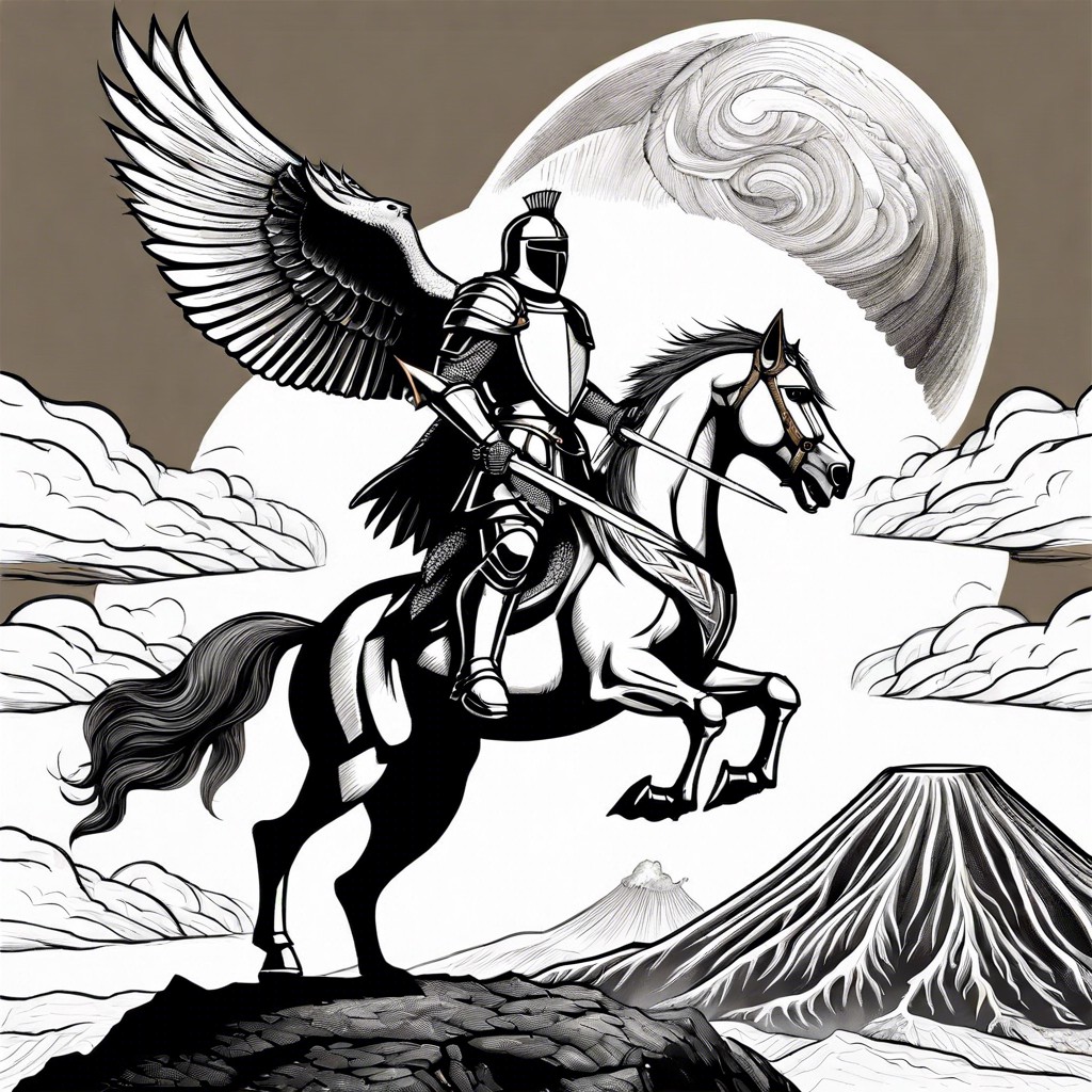 a knight riding a griffin over a fiery volcano