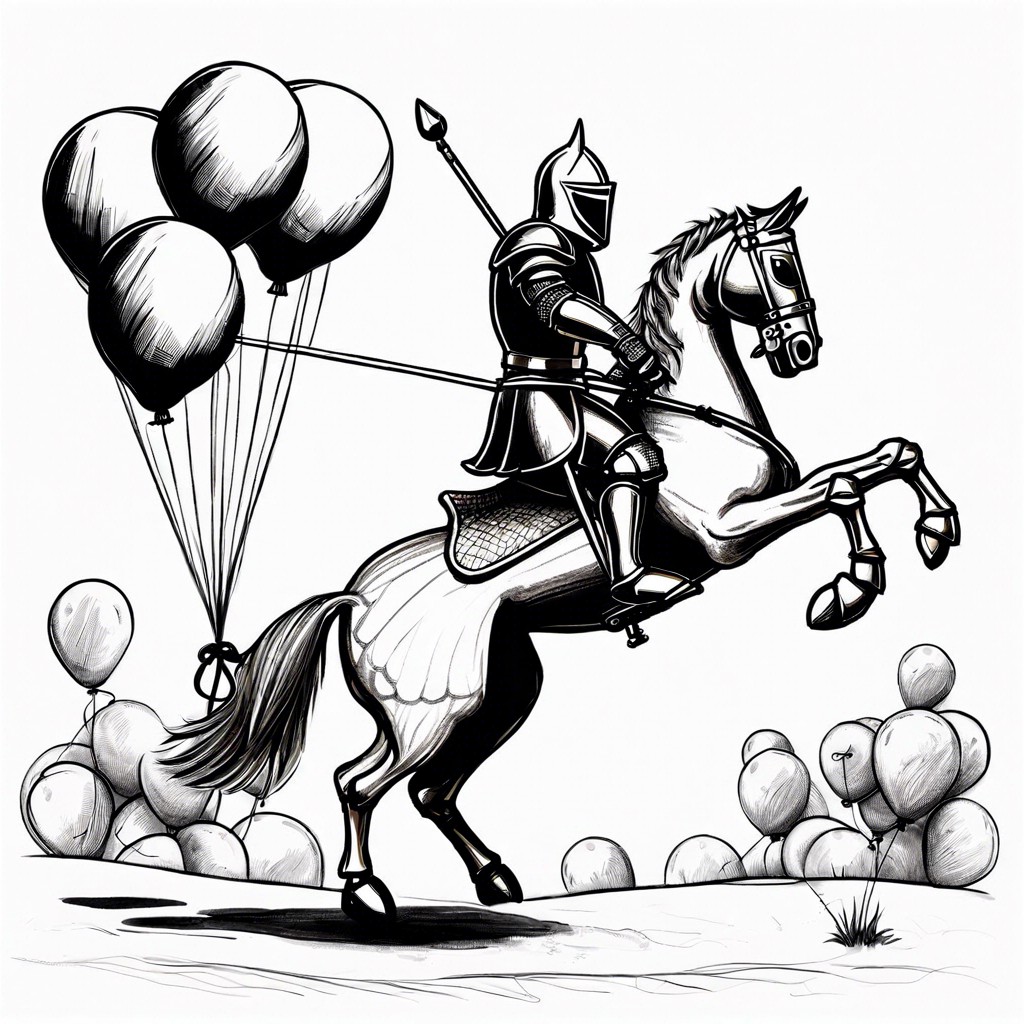 a knight riding a unicycle jousting with balloons