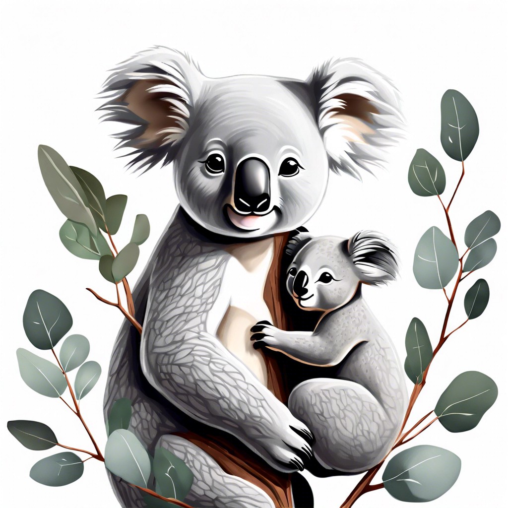 a koala cuddling a eucalyptus branch