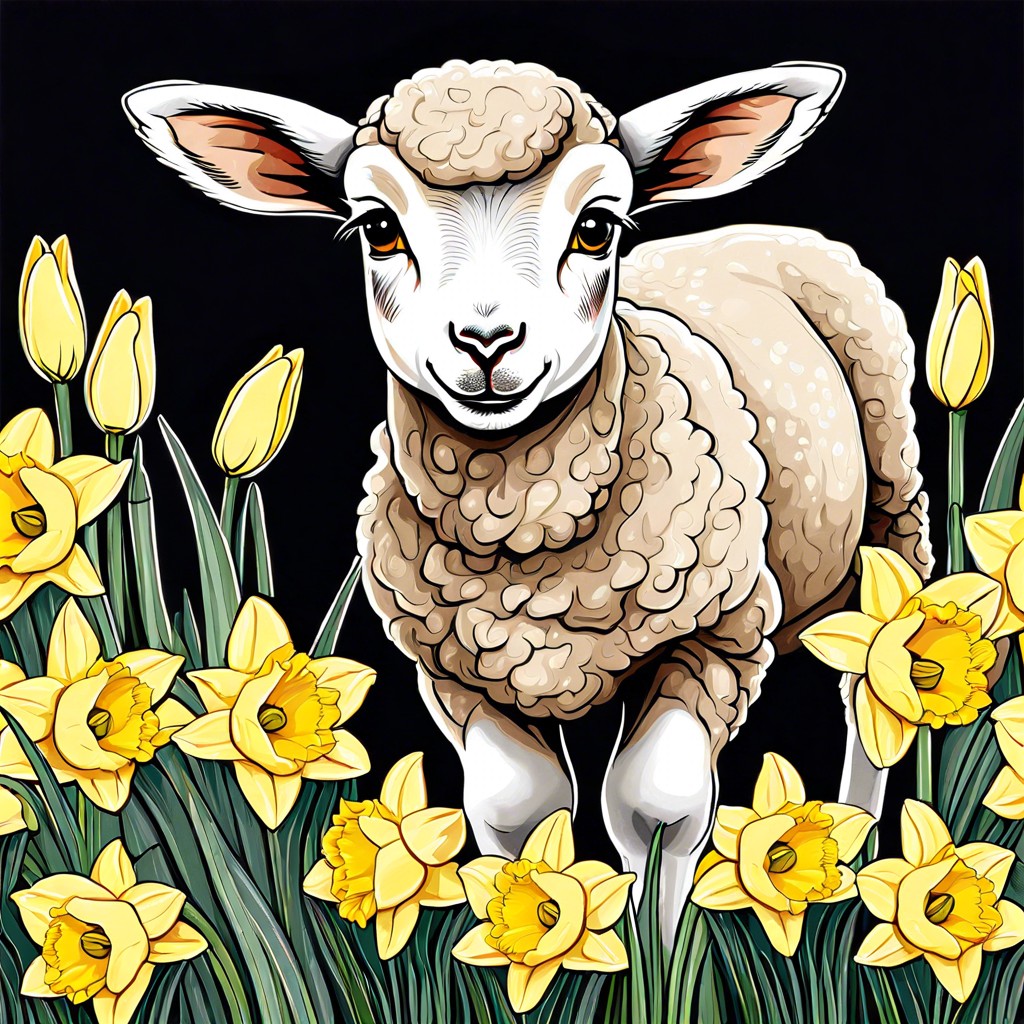 a lamb wearing a ribbon and surrounded by daffodils