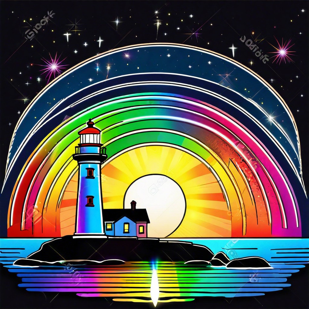 a lighthouse beaming out a rainbow at night