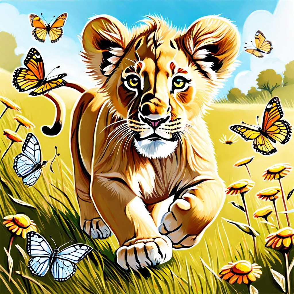 a lion cub chasing butterflies