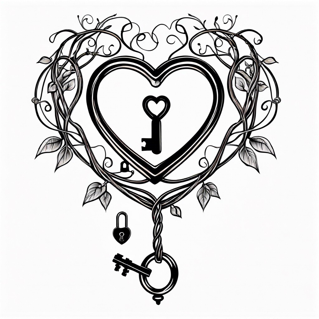a lock and key entwined with heart vines