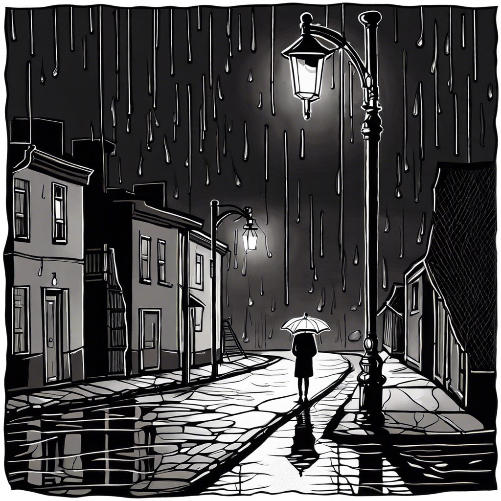 a lone figure under a streetlamp in the rain