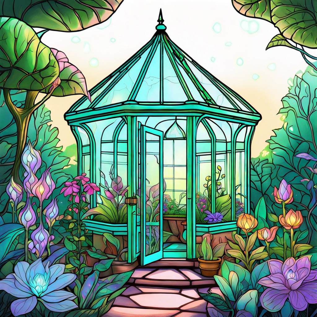 a magical greenhouse with plants that glow and change colors